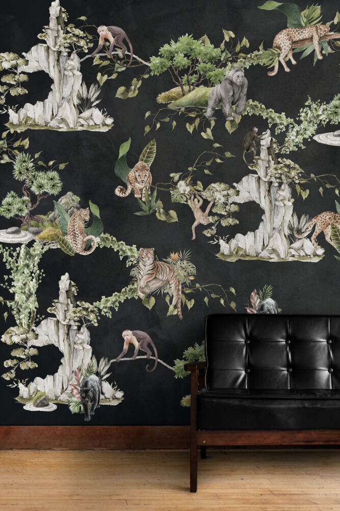 Black Jungle Animals Wallpaper : Tiger And Leopard Mural