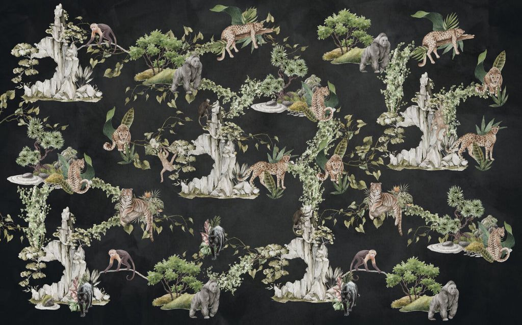 Black Jungle Animals Wallpaper : Tiger And Leopard Mural - View 2