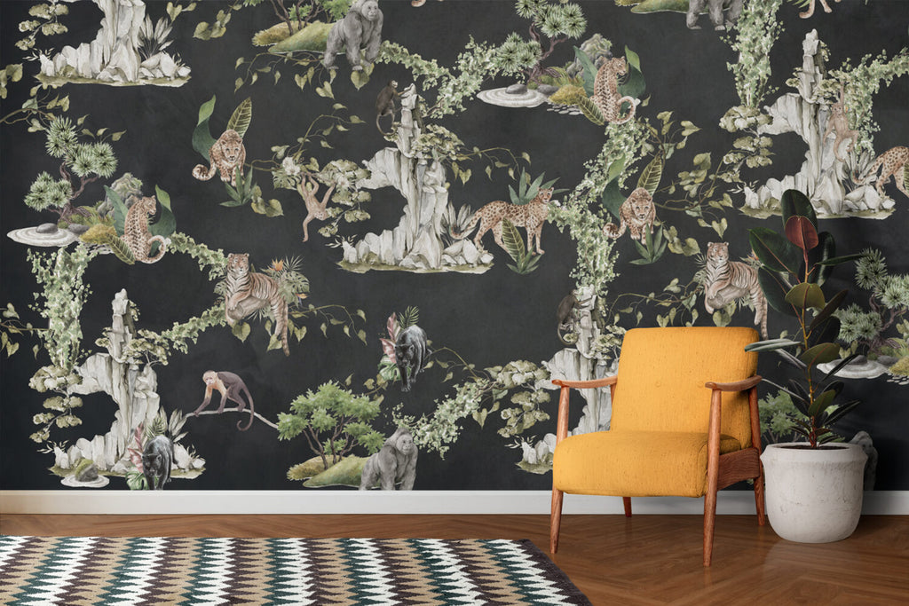Black Jungle Animals Wallpaper : Tiger And Leopard Mural - View 3