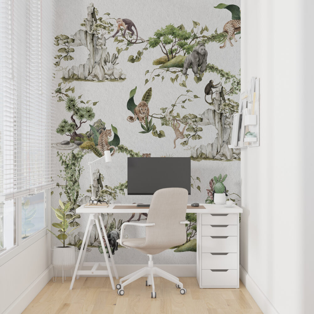 White Jungle Animals Wallpaper : Leopard And Monkey Mural - View 3