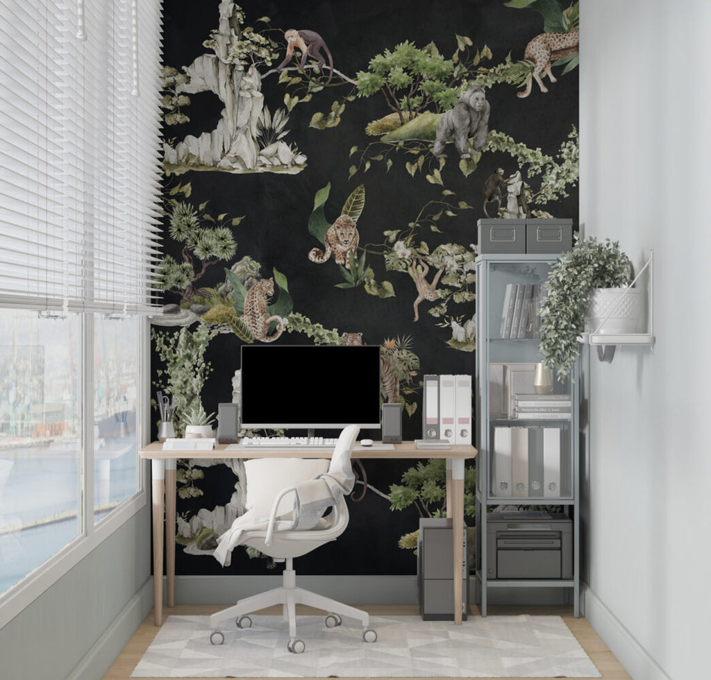 Black Jungle Animals Wallpaper : Tiger And Leopard Mural - View 4