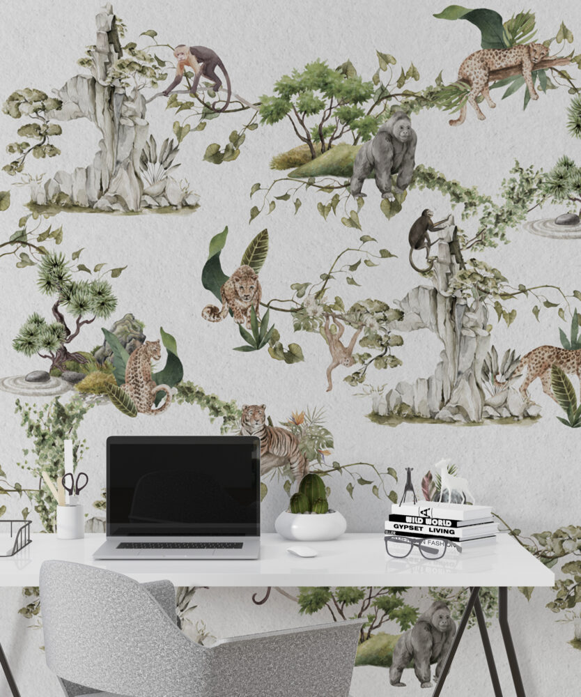 White Jungle Animals Wallpaper : Leopard And Monkey Mural - View 4