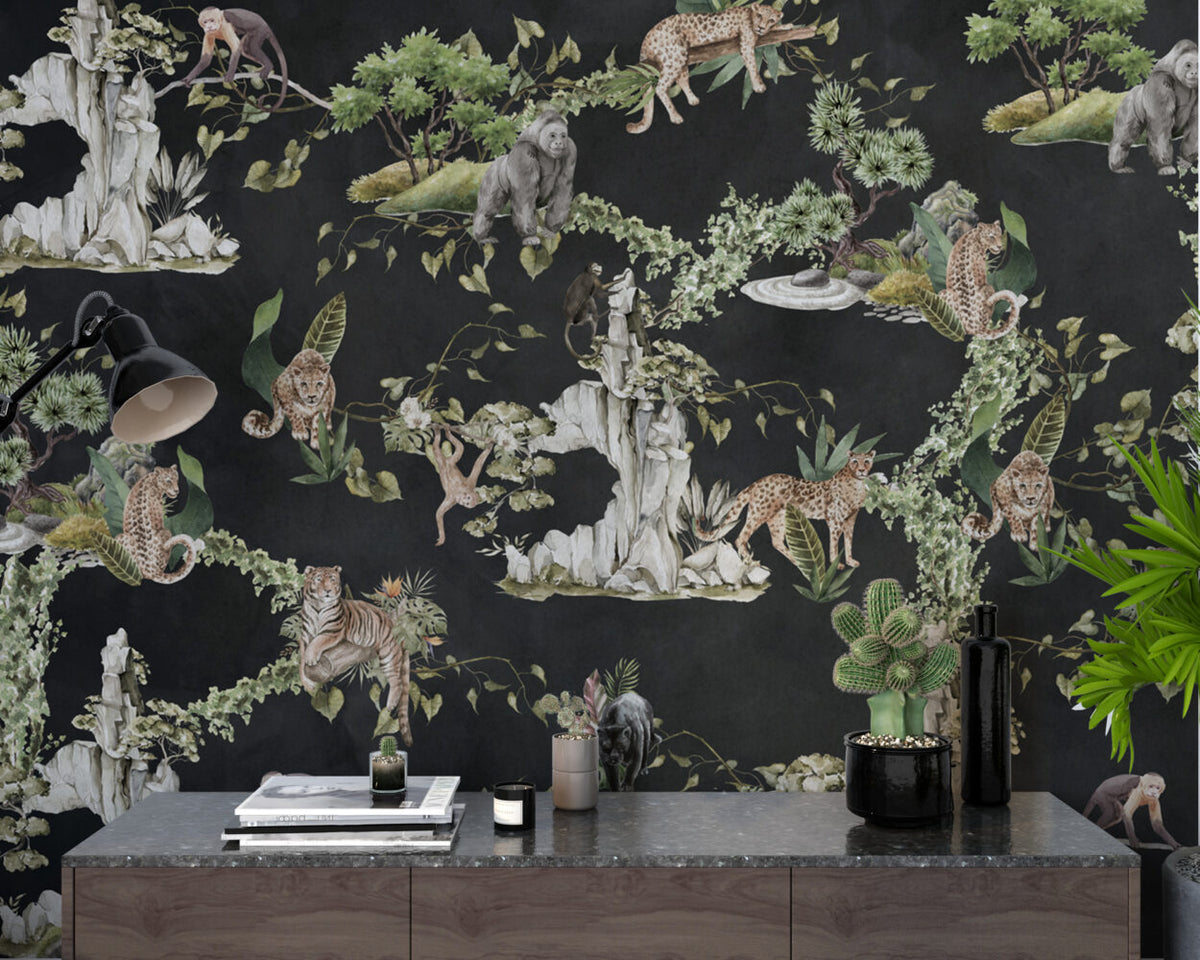 Black Jungle Animals Wallpaper : Tiger And Leopard Mural - View 5