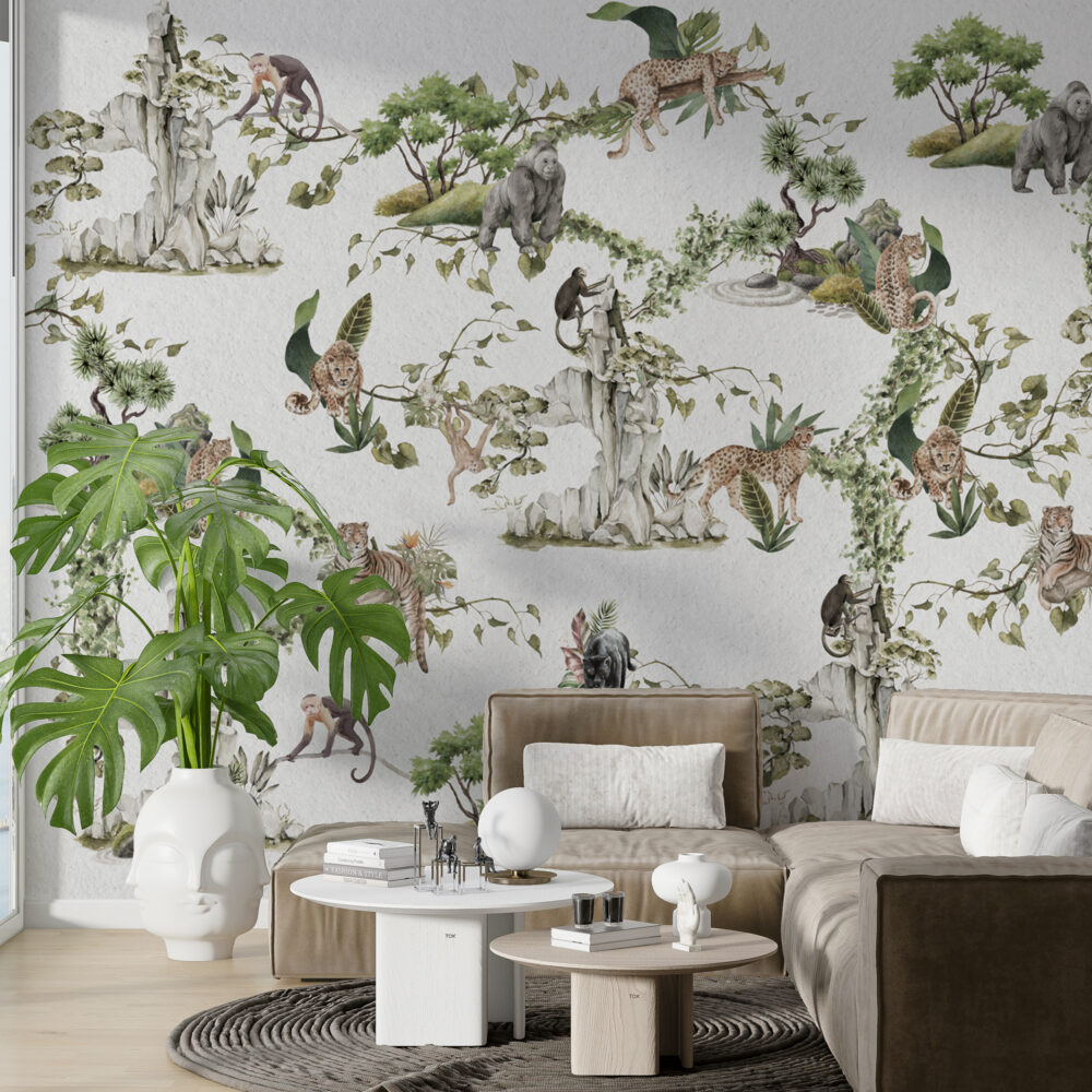 White Jungle Animals Wallpaper : Leopard And Monkey Mural - View 5