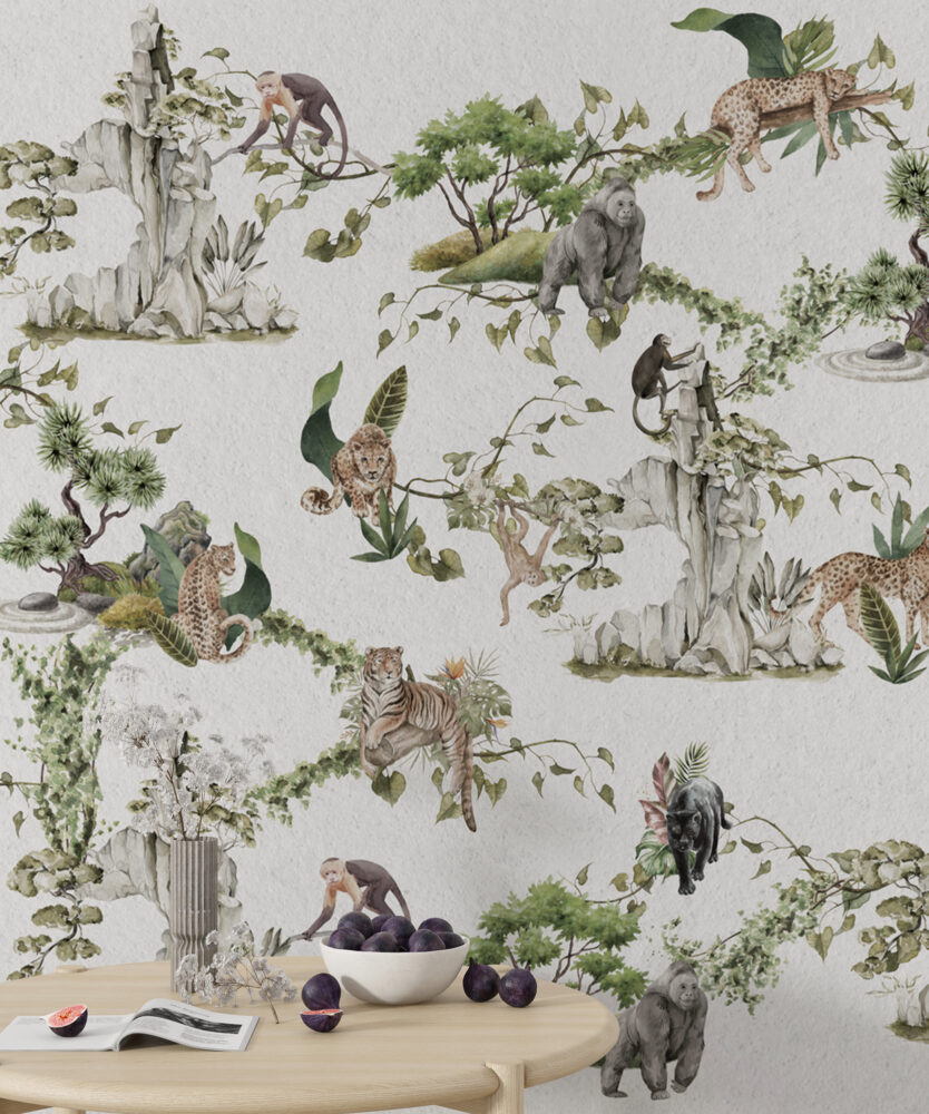 White Jungle Animals Wallpaper : Leopard And Monkey Mural - View 6