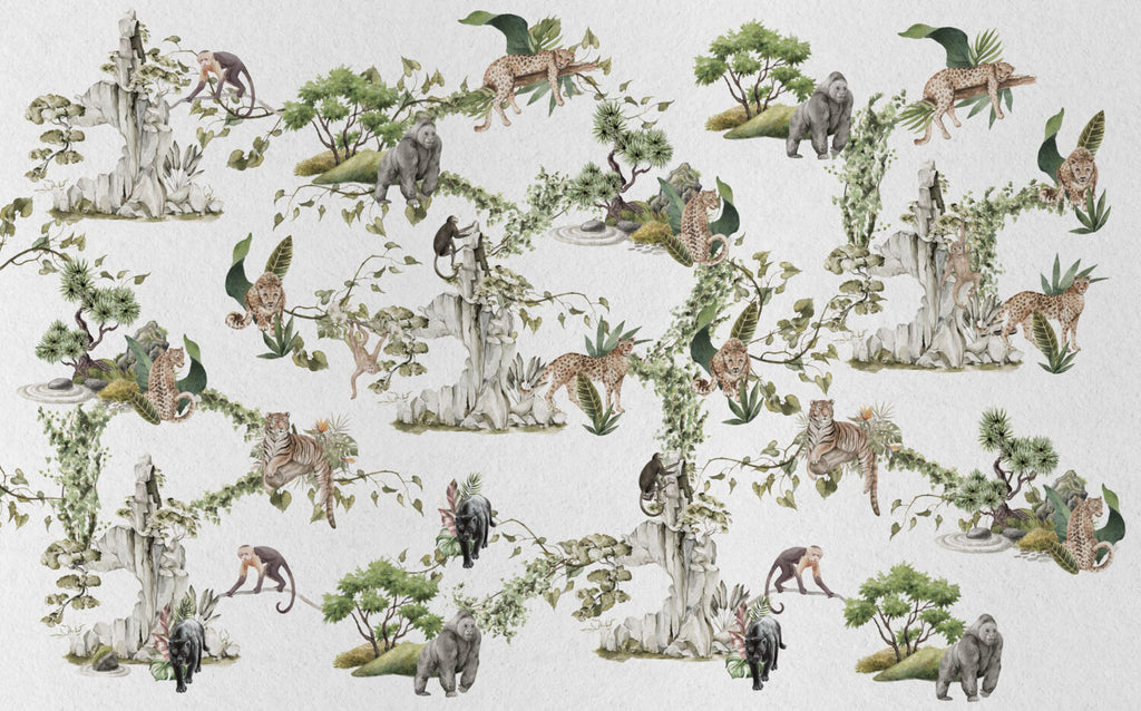 White Jungle Animals Wallpaper : Leopard And Monkey Mural - View 2