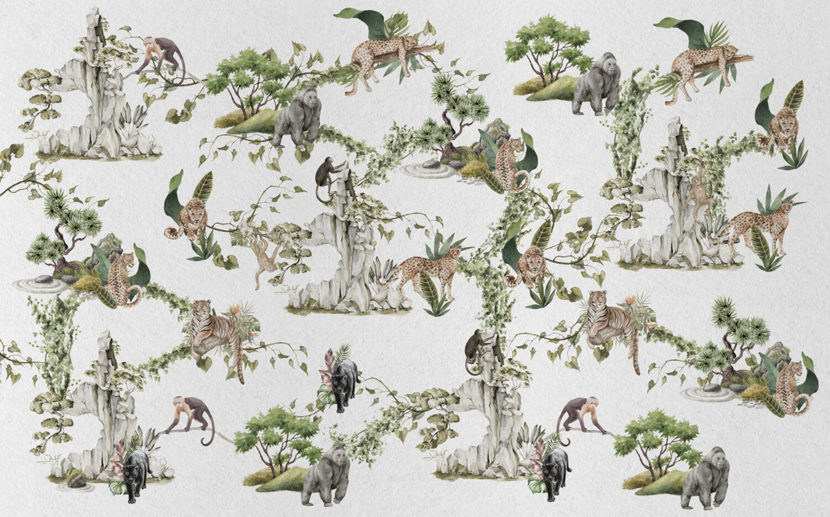 White Jungle Animals Wallpaper : Leopard And Monkey Mural - View 2