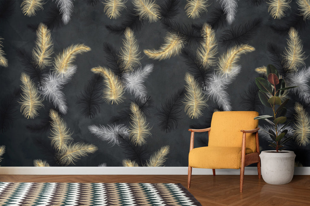Black Feather Wallpaper : Gold And White Plumes Mural - View 3