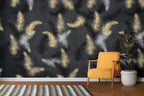 Black Feather Wallpaper : Gold And White Plumes Mural - View 3