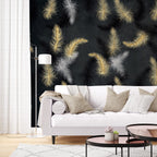 Black Feather Wallpaper : Gold And White Plumes Mural - View 4