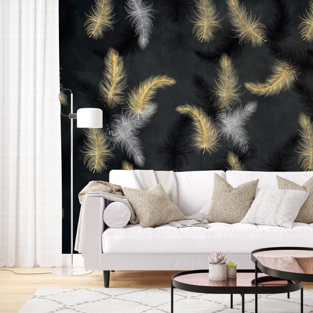 Black Feather Wallpaper : Gold And White Plumes Mural - View 4