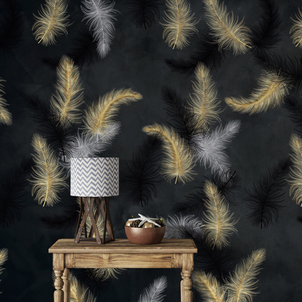 Black Feather Wallpaper : Gold And White Plumes Mural - View 5