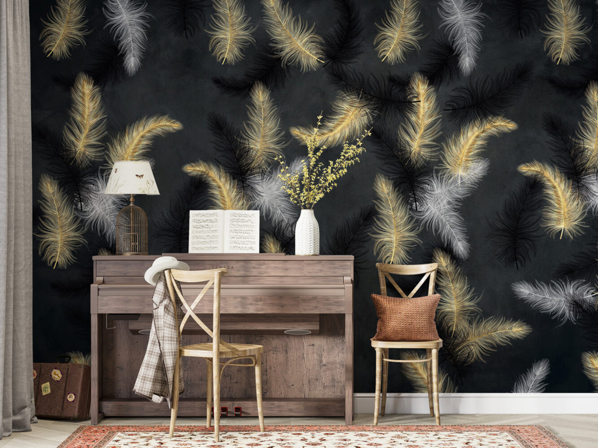 Black Feather Wallpaper : Gold And White Plumes Mural - View 6