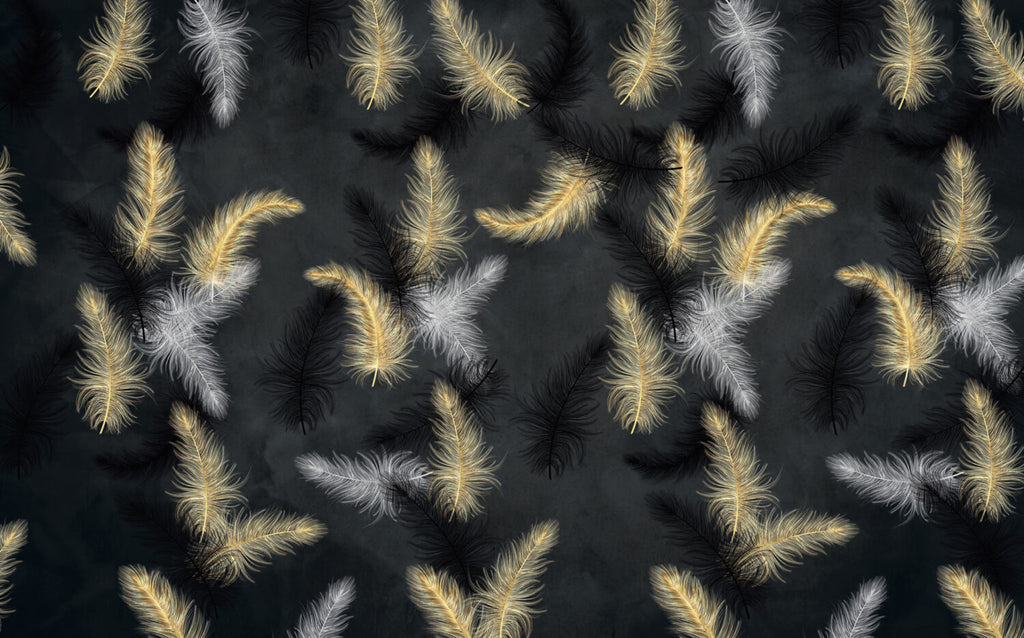 Black Feather Wallpaper : Gold And White Plumes Mural - View 2