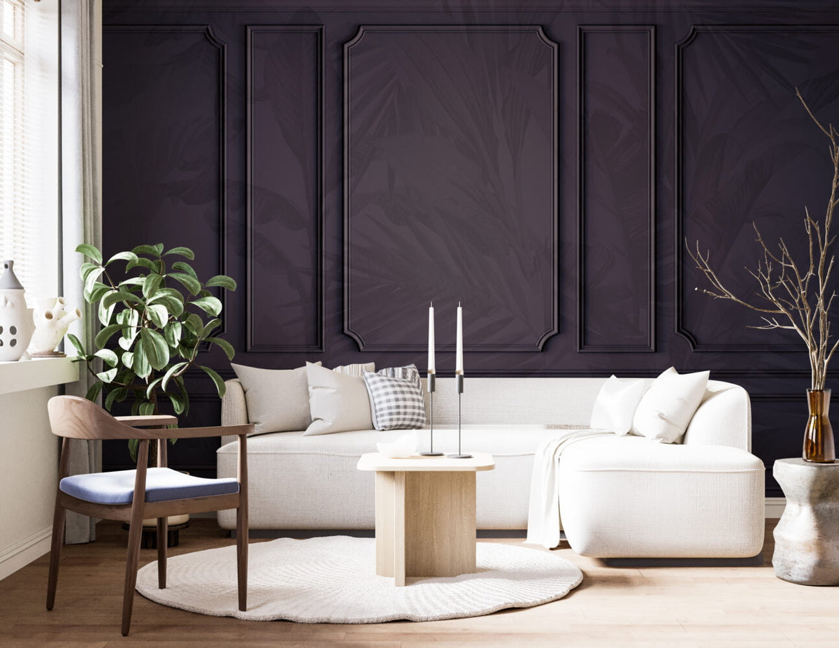 Plum Panel Molding Wallpaper : Tonal Palm Leaf Mural - View 3