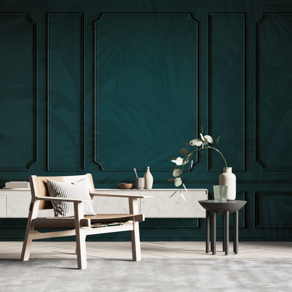 Teal Panel Molding Wallpaper : Tonal Palm Leaf Mural - View 4