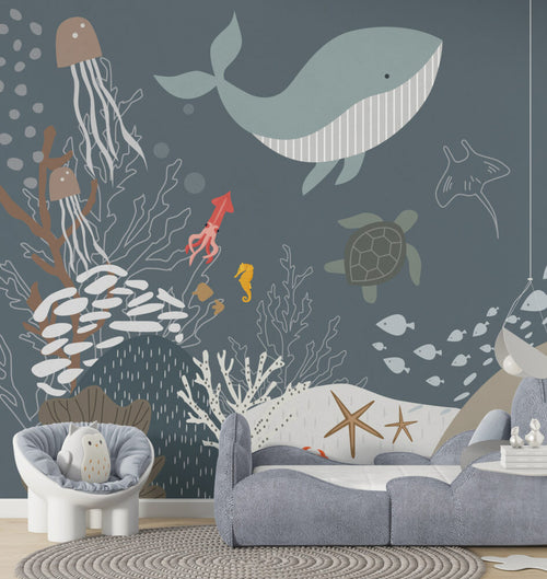 Grey Ocean Life Wallpaper : Whale And Sea Turtle Kids Mural