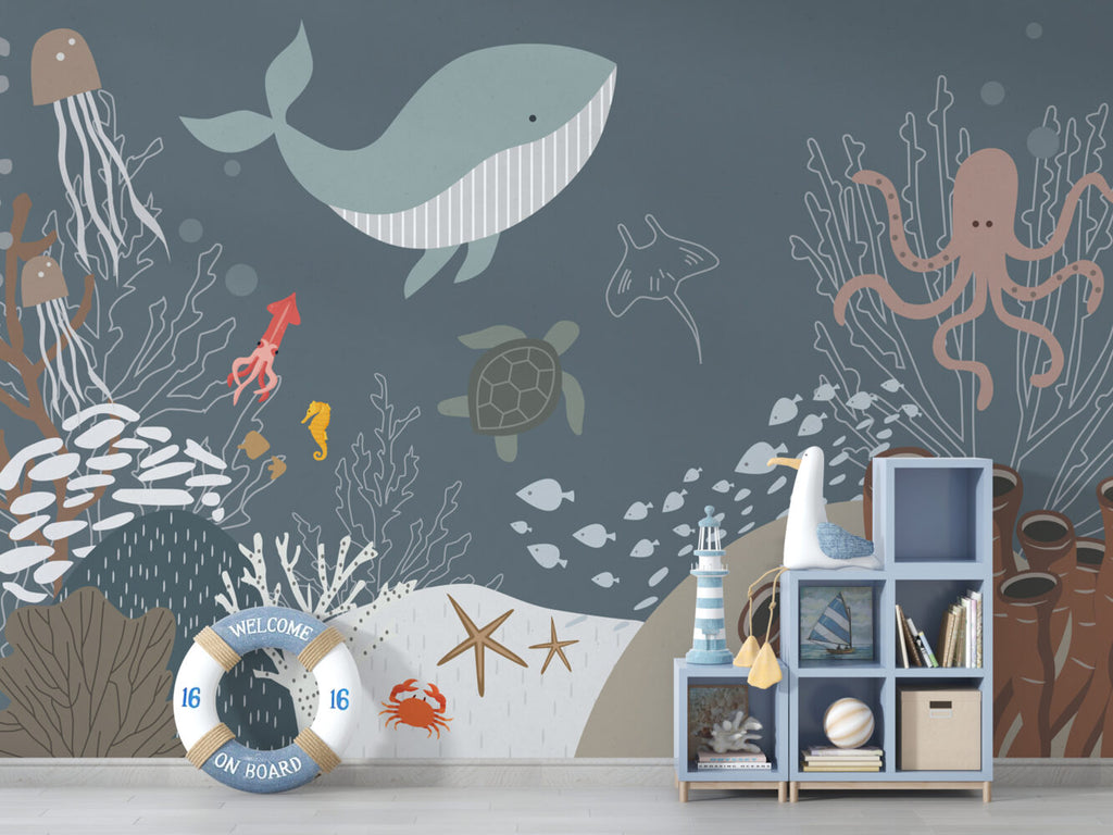 Grey Ocean Life Wallpaper : Whale And Sea Turtle Kids Mural - View 6