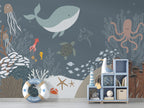 Grey Ocean Life Wallpaper : Whale And Sea Turtle Kids Mural - View 6