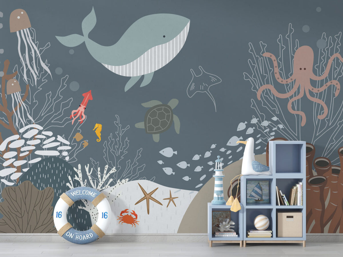Grey Ocean Life Wallpaper : Whale And Sea Turtle Kids Mural - View 6