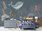 Grey Ocean Life Wallpaper : Whale And Sea Turtle Kids Mural - View 3