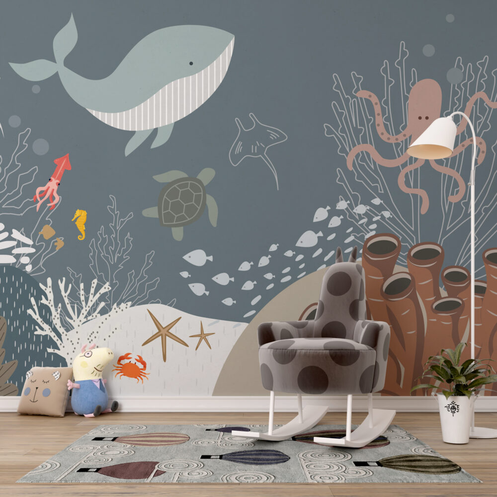 Grey Ocean Life Wallpaper : Whale And Sea Turtle Kids Mural - View 4