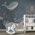 Grey Ocean Life Wallpaper : Whale And Sea Turtle Kids Mural - View 5