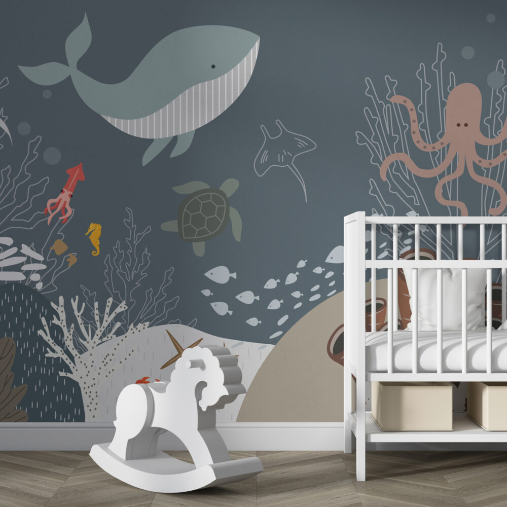 Grey Ocean Life Wallpaper : Whale And Sea Turtle Kids Mural - View 5