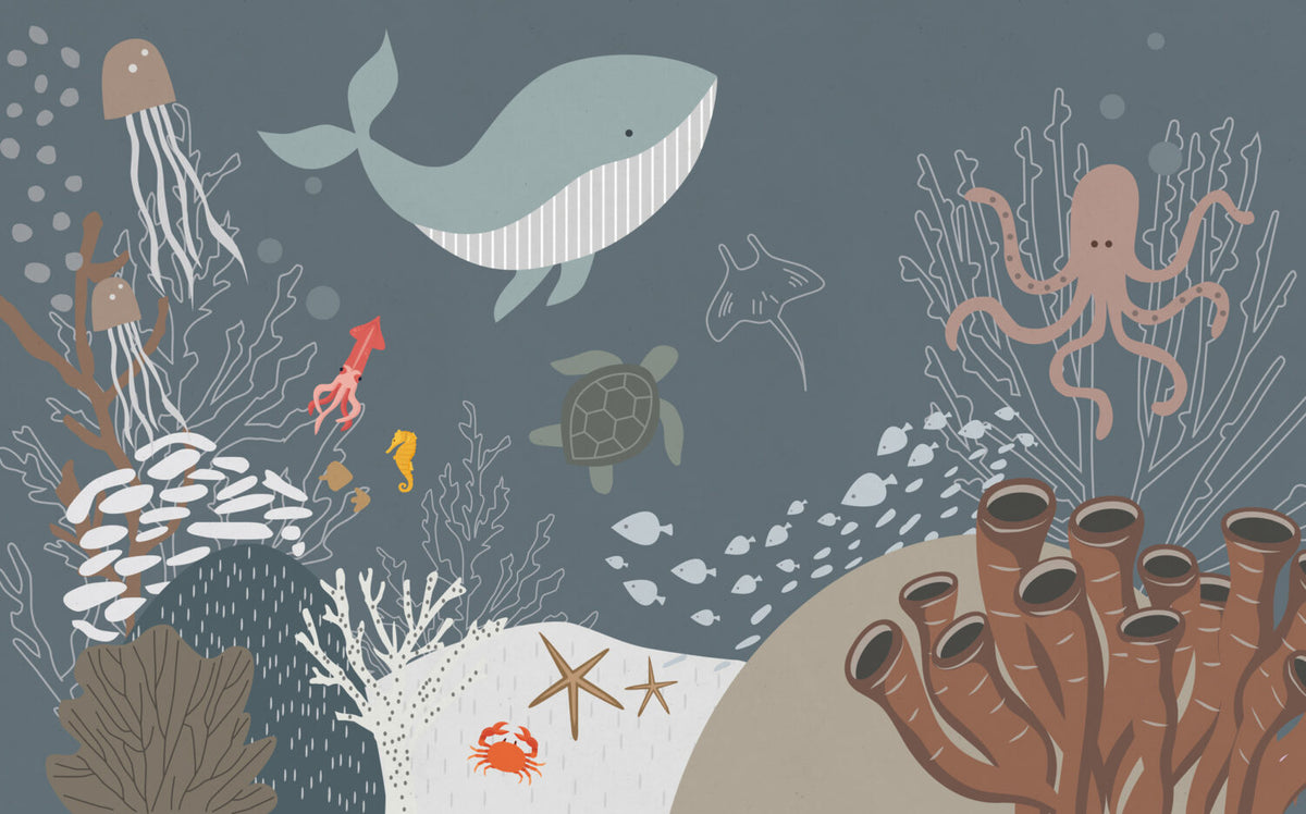 Grey Ocean Life Wallpaper : Whale And Sea Turtle Kids Mural - View 2
