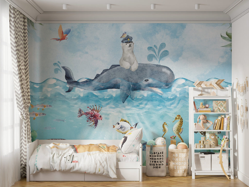 Polar Bear And Whale Wallpaper : Watercolor Arctic Sea Mural