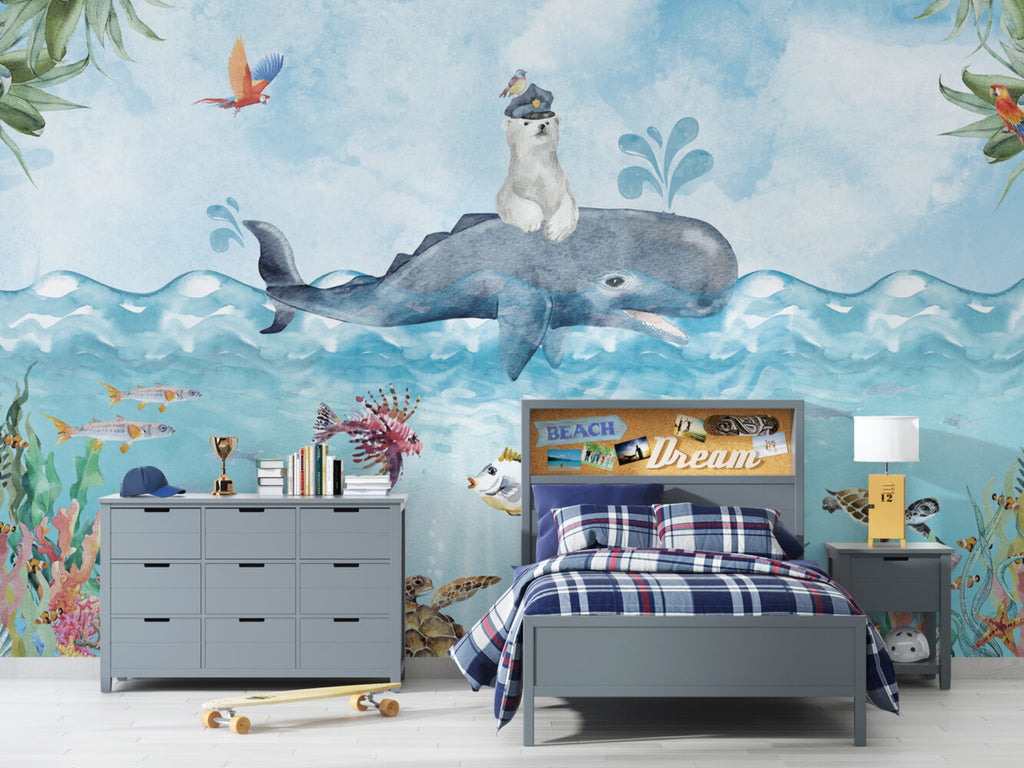 Polar Bear And Whale Wallpaper : Watercolor Arctic Sea Mural - View 5