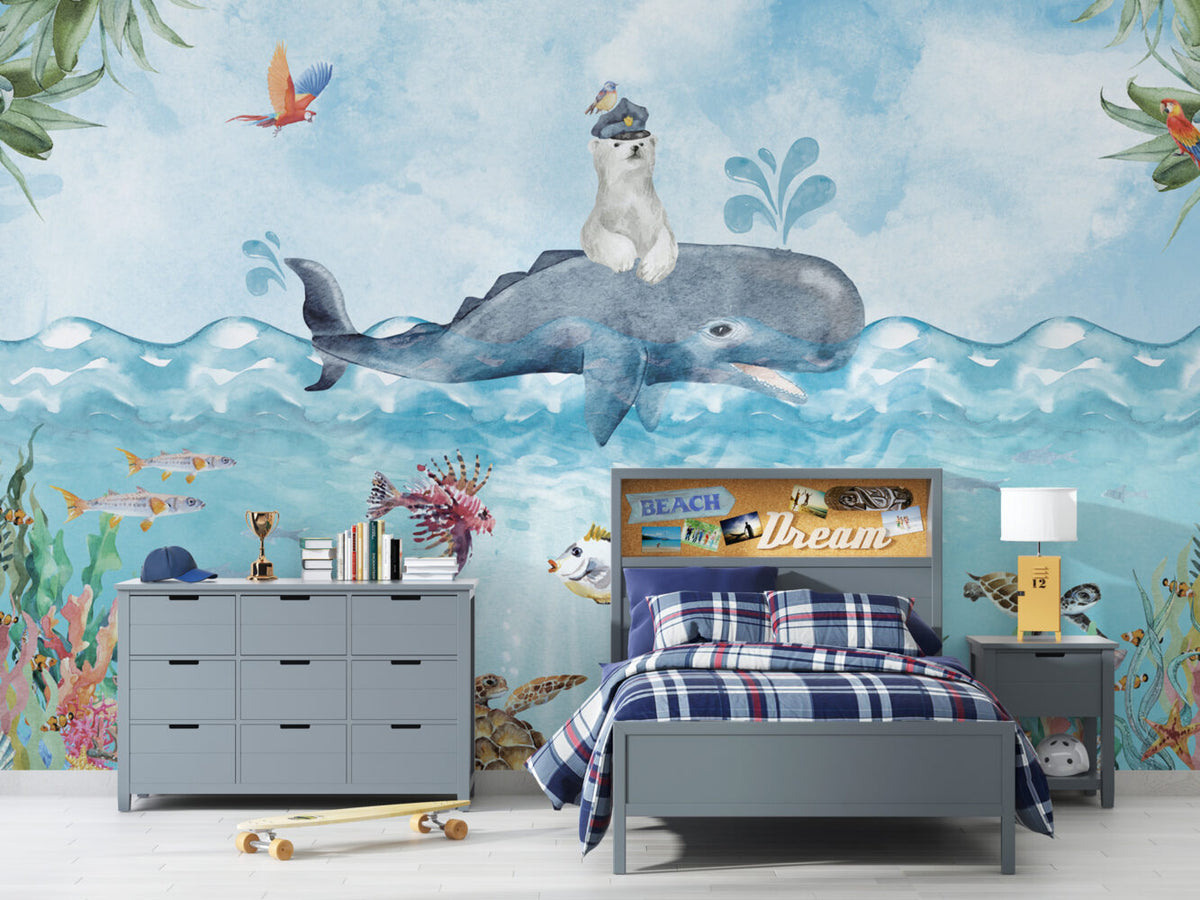 Polar Bear And Whale Wallpaper : Watercolor Arctic Sea Mural - View 5
