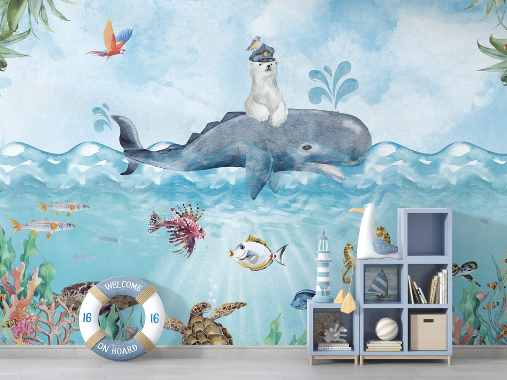 Polar Bear And Whale Wallpaper : Watercolor Arctic Sea Mural - View 6