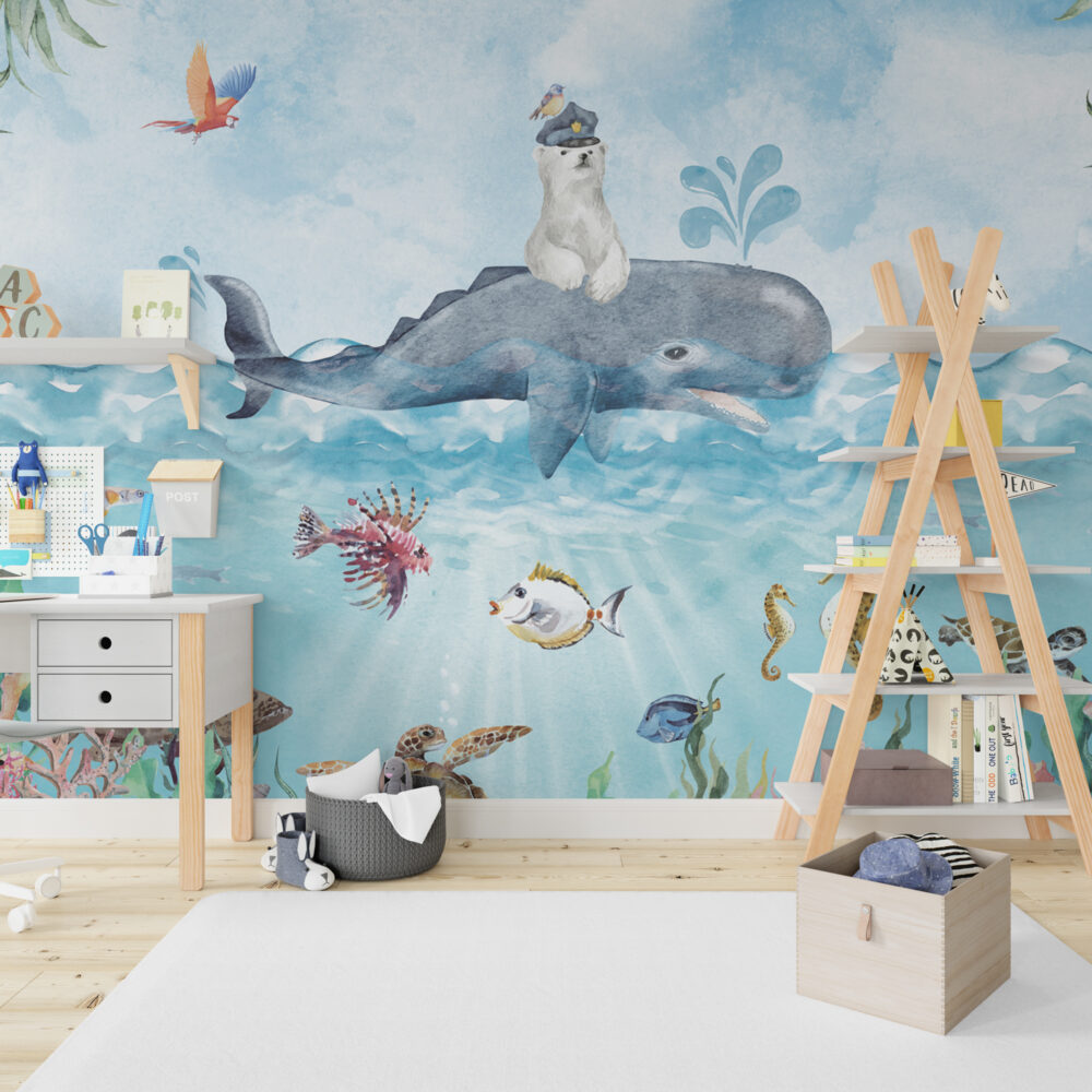 Polar Bear And Whale Wallpaper : Watercolor Arctic Sea Mural - View 3