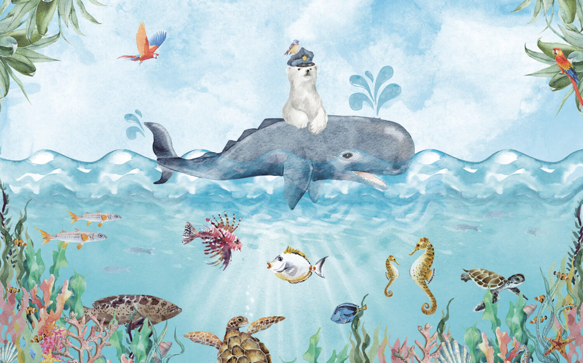 Polar Bear And Whale Wallpaper : Watercolor Arctic Sea Mural - View 2