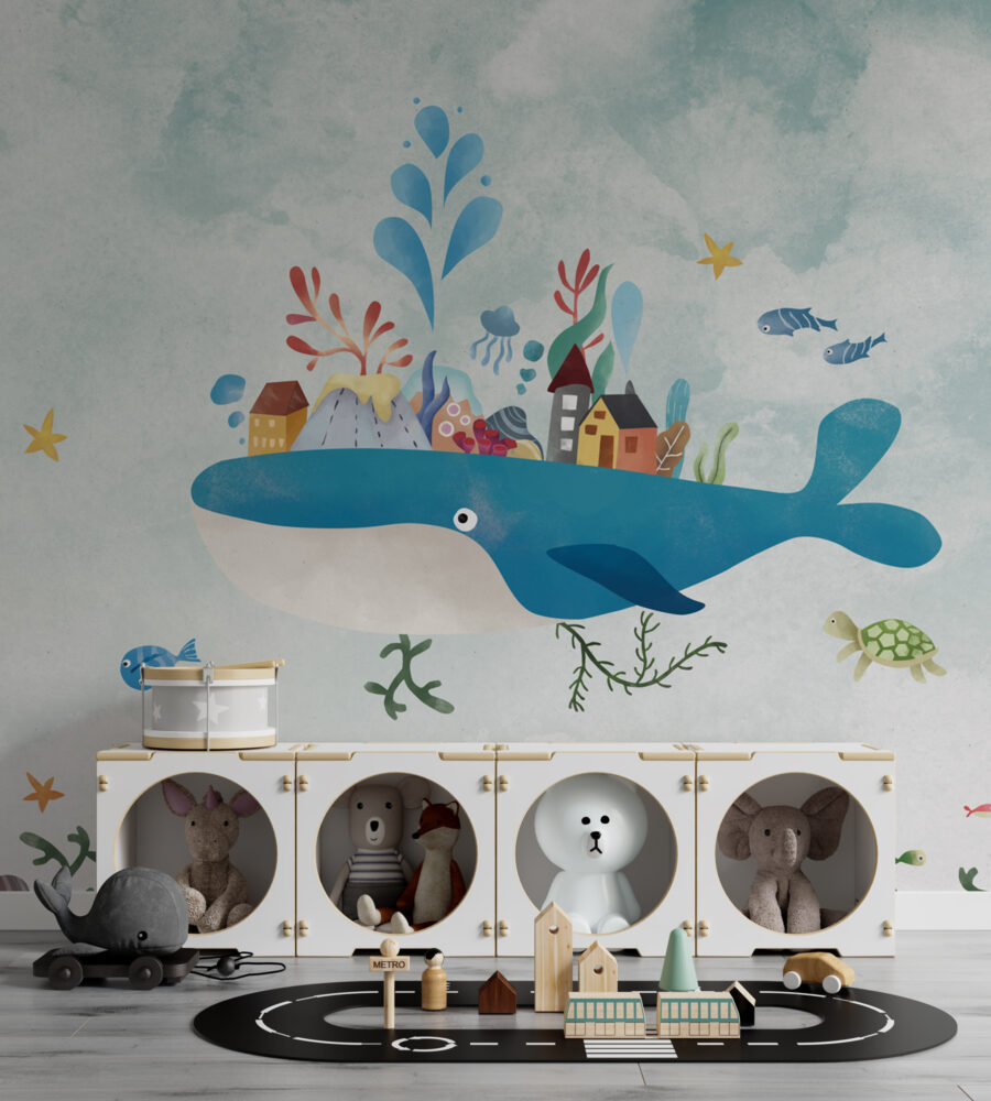 Whale Village Wallpaper : Colorful Houses On A Whale Mural - View 5