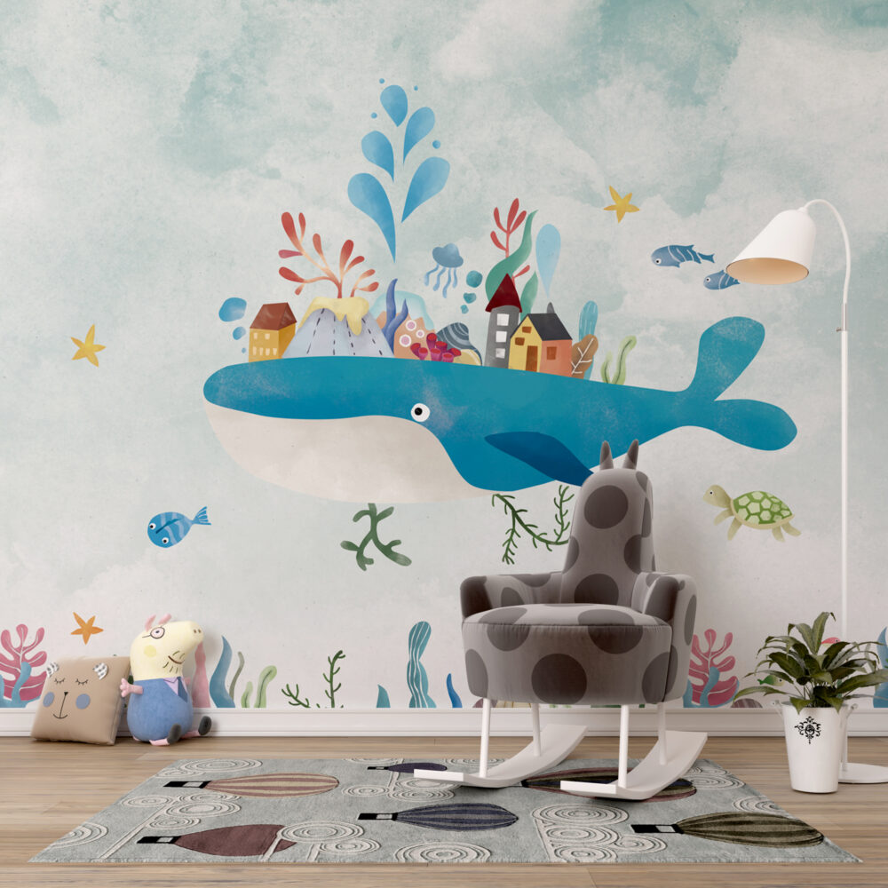Whale Village Wallpaper : Colorful Houses On A Whale Mural - View 3