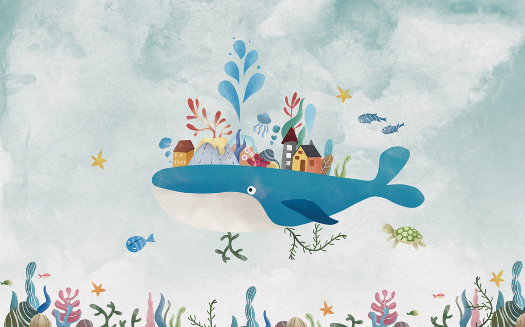 Whale Village Wallpaper : Colorful Houses On A Whale Mural - View 2