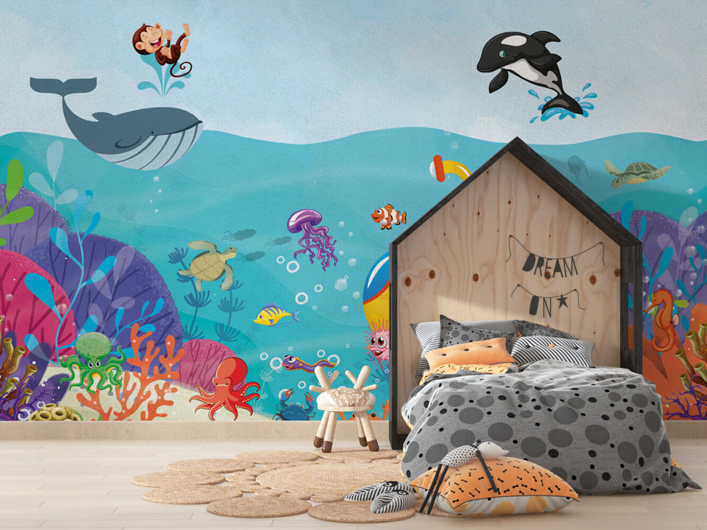 Submarine Monkey Ocean Wallpaper : Cartoon Sea Creatures Mural - View 5