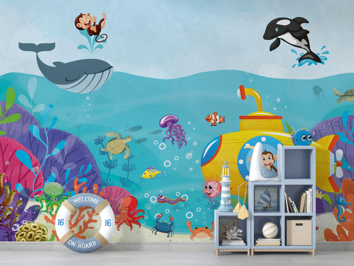 Submarine Monkey Ocean Wallpaper : Cartoon Sea Creatures Mural - View 6
