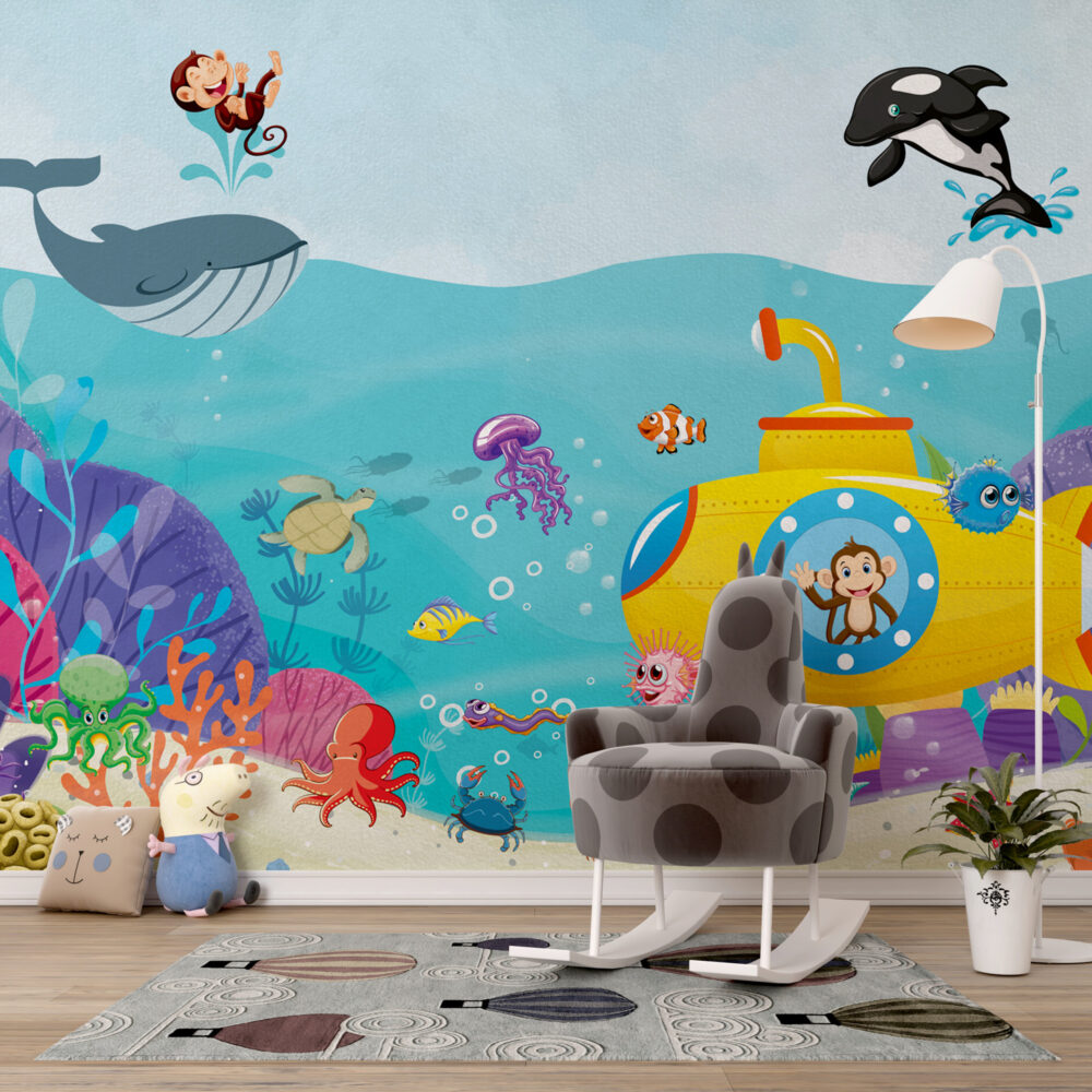 Submarine Monkey Ocean Wallpaper : Cartoon Sea Creatures Mural