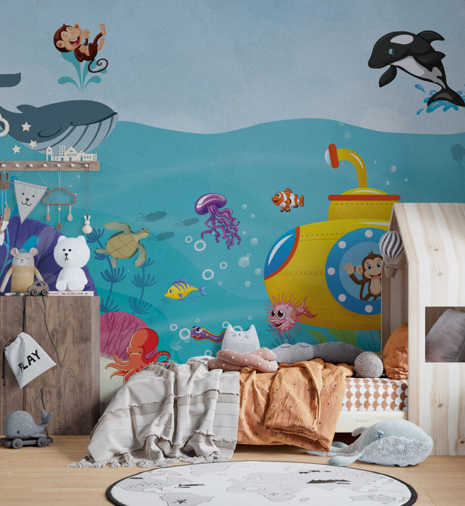Submarine Monkey Ocean Wallpaper : Cartoon Sea Creatures Mural - View 3