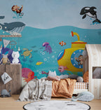 Submarine Monkey Ocean Wallpaper : Cartoon Sea Creatures Mural - View 3