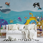 Submarine Monkey Ocean Wallpaper : Cartoon Sea Creatures Mural - View 4
