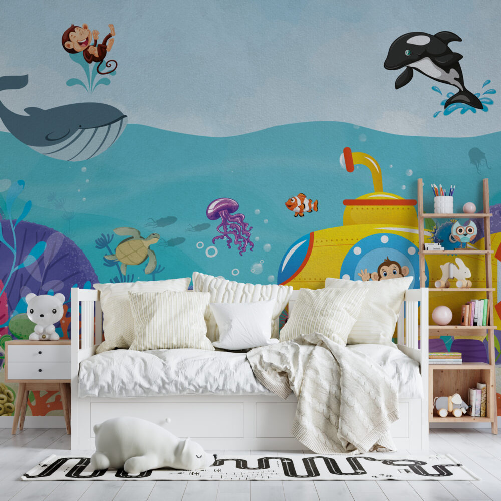 Submarine Monkey Ocean Wallpaper : Cartoon Sea Creatures Mural - View 4
