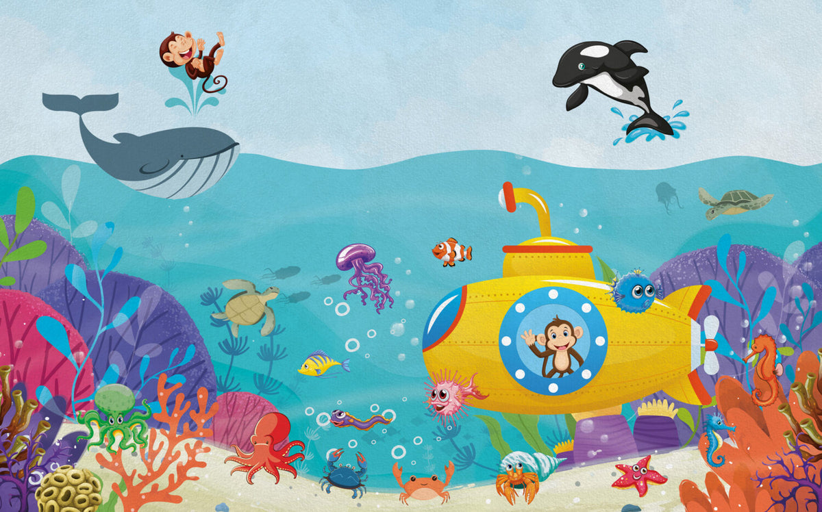 Submarine Monkey Ocean Wallpaper : Cartoon Sea Creatures Mural - View 2