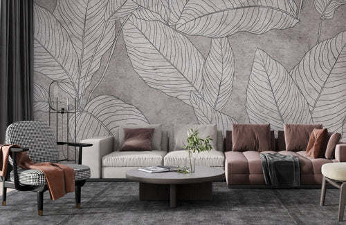 Line Leaf Plaster Wallpaper : Grey Concrete Botanical Mural