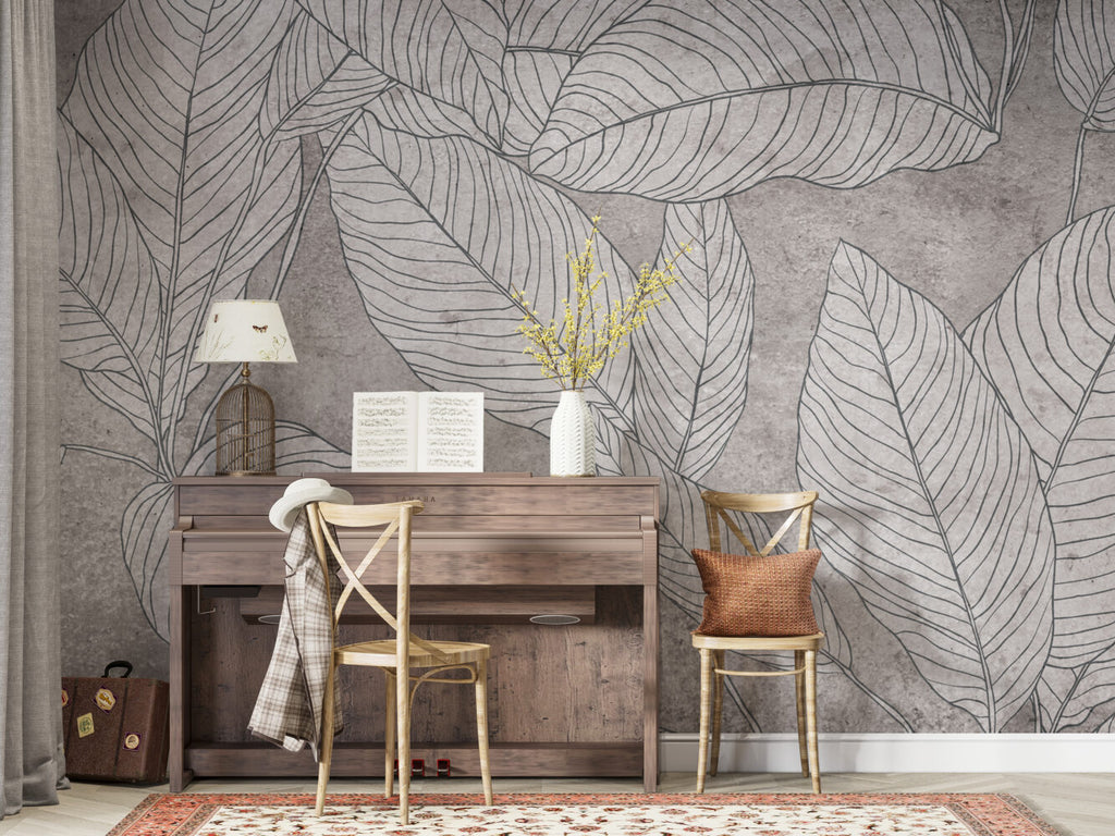 Line Leaf Plaster Wallpaper : Grey Concrete Botanical Mural - View 3