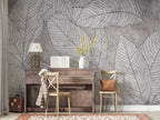 Line Leaf Plaster Wallpaper : Grey Concrete Botanical Mural - View 3