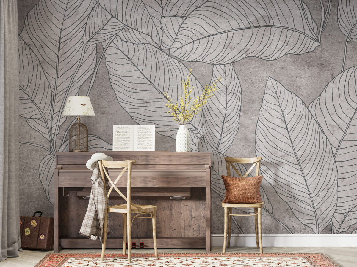 Line Leaf Plaster Wallpaper : Grey Concrete Botanical Mural - View 3